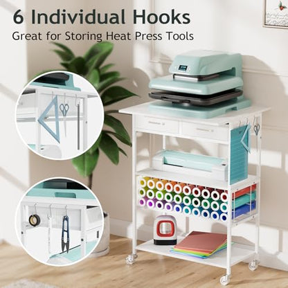 Homsorout Movable Heat Press Table with Drawer & Hooks, 23.6''×19.6'' - style: White