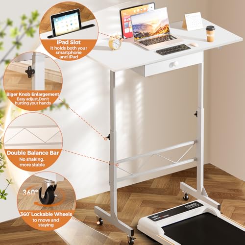 GTPLAYER Small Standing Desk Adjustable Height Small Computer Desk Mobile Portable Rolling Laptop Table with Wheels 32" Computer Workstation Sit Stand Desks Portable Standing Table Treadmill desks - color: Carbon Fiber White