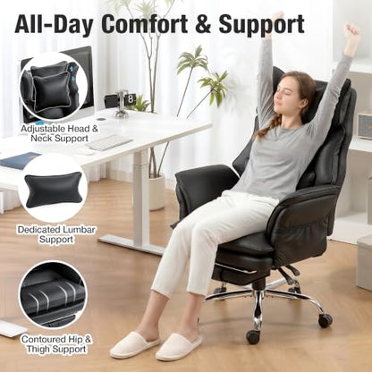 Executive Leather Criss Cross Office Chair with Foot Rest &Flip Arms | Big and Tall 155° Reclining Desk Chair with Wide Seat for Cross Legged Sitting for Home Office, PU Leather, 400LBS - color: Black