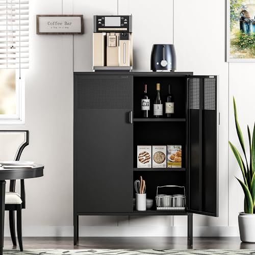 Ustamio Black Metal Storage Cabinet, Metal Locker Storage Cabinet with Doors and Shelves, 3 Tier Steel Office Storage Cabinet, Metal Sideboard for Home, Office, Kitchen and Coffee Bar - color: Black, size: 47.2"H-Metal Doors