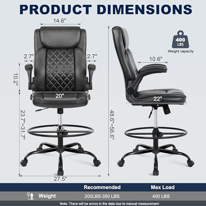 Misolant Drafting Chair with Footrest Ring, Tall Office Chair for Standing Desk, PU Faux Leather Bar Counter Height Chairs with Adjustable Height, 360° Swivel Wheels for Garage Office, Black - color: Black