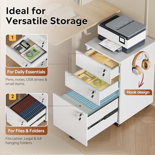 DEVAISE 3 Drawer Wood File Cabinet with Individual Locks, White - color: White
