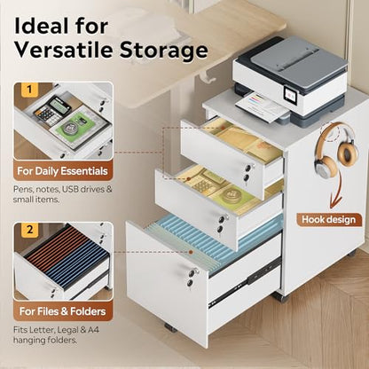 DEVAISE 3 Drawer Wood File Cabinet with Individual Locks, White - color: White