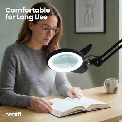 Neatfi LED Magnifying Floor Lamp 1,200 Lumens – 5” Bifocal Glass Lens, Dual Magnification 2.25X + 6X, Dimmable Task Light | Adjustable Arm, Rolling Base | Reading, Crafting & Sewing (Black, 5 Inches) - color: Black, size: 5 Inches