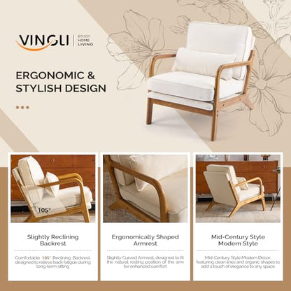 VINGLI Chenille Mid-Century Modern Accent Chair Set of 2, Cute Reading Arm Chair with Cushion & Lumbar Pillow & Solid Wood Frame for Lounge, Living Room, Reading Room, Bedroom,Cream - color: Cream