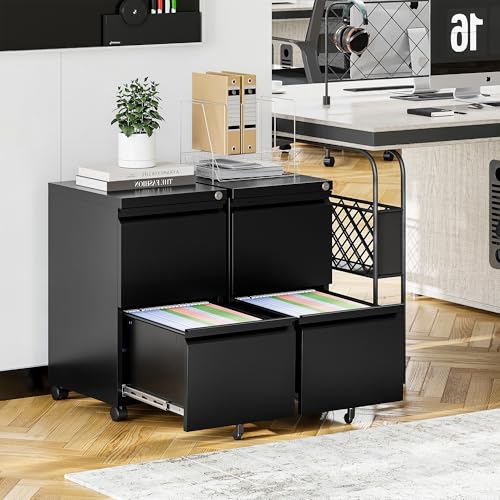 2 Drawer File Cabinet On Wheels Mobile Cabinet with Lock Under Desk Metal Filing Cabinet On Rollers Small Rolling File Cabinet Black Printer Stand for Home Office Fully Assembled - color: Black, size: 2 Drawers-Fully Assembled