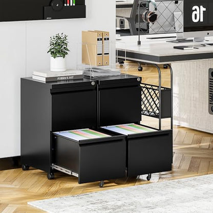 2 Drawer File Cabinet On Wheels Mobile Cabinet with Lock Under Desk Metal Filing Cabinet On Rollers Small Rolling File Cabinet Black Printer Stand for Home Office Fully Assembled - color: Black, size: 2 Drawers-Fully Assembled