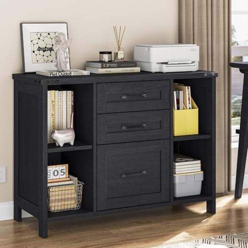 Vabches File Cabinet with 3 Drawers, Farmhouse Lateral File Cabinet Fits Files Letter/A4 Size, Wooden Filing Cabinet with Adjustable Shelves Printer Stand for Home Office, Black - color: Black