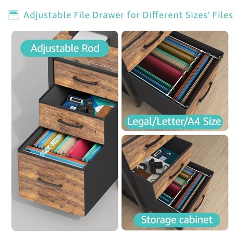 Lufeiya Computer Desk with File Drawers Cabinet, 47 Inch Reversible Home Office Desks with Fabric Filing Cabinet for Small Space, Study Writing Table PC Desks, Rustic Brown - color: Rustic Brown, size: 46.6"