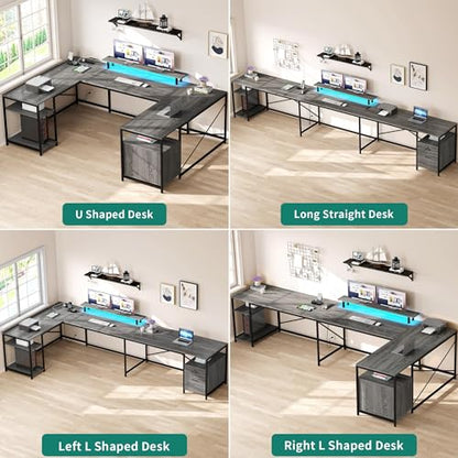 YITAHOME U Shaped Desk with Power Outlets & LED Lights, 79" Reversible L Shaped Desk with Drawers, Corner Computer Desk Office Desks with Monitor Stand & Storage Shelves, Grey