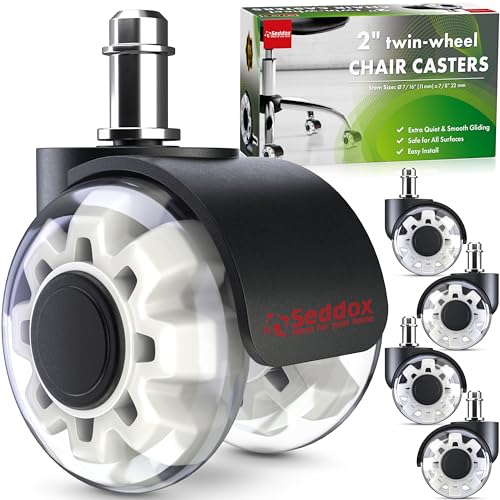 Office Chair Wheels Replacement Set of 5 - Dual 2 Inch Soft Chair Casters for Hardwood Vinyl Tile - Heavy Duty & Safe for All Floors - Universal Fit Most Computer Gaming & Desk Chairs - White - style: White / Transparent