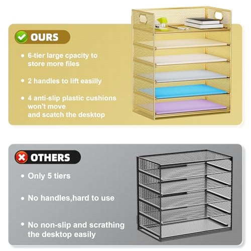 Marbrasse Paper Letter Tray Organizer - 6 Tier Mesh File Organizer with Handle, Paper Sorter Organizer for Letter/A4 Office File Folder Holder - Gold - color: Gold