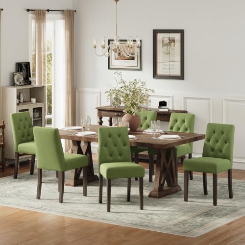 Upholstered Dining Chairs Set of 6, Modern Fabric Dining Chairs with Tufted Design, Kitchen Side Chairs, Farmhouse Dinner Chair with Wood Legs for Kitchen Restaurant Living Room, Green - color: Green, size: Set of 6