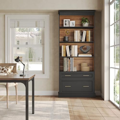 LITTLE TREE 72" Tall Black Bookcase, 5-Tier Office Bookself with File Cabinet Drawers,Modern Floor Standing Storage Filing Cabinet Book Shelf for Living Room,Bedroom(2 Piece,Black) - color: Black