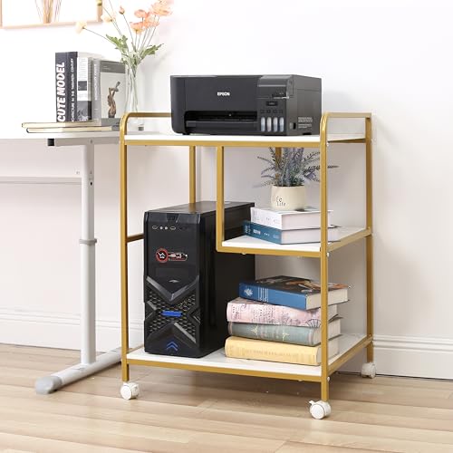 3-Tier Rolling Printer Cart Table Stand Shelves, PC Tower Stand Shelf With Wheels - Under Desk Shelf Unit Storage And Organization, End Sofa Table For Home, Office (White Gold) - color: White Gold