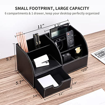 Pu Leather Desk Organizer Pen Pencil Holder Office Supplies Caddy Storage Box 6 Compartments with Drawer Black - color: Black