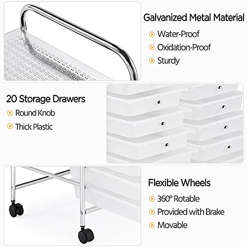 Yaheetech 20-Drawer Rolling Storage Cart on Wheels, Craft Organizer, White - color: White, style: 20 Drawers