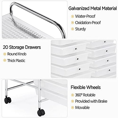 Yaheetech 20-Drawer Rolling Storage Cart on Wheels, Craft Organizer, White - color: White, style: 20 Drawers