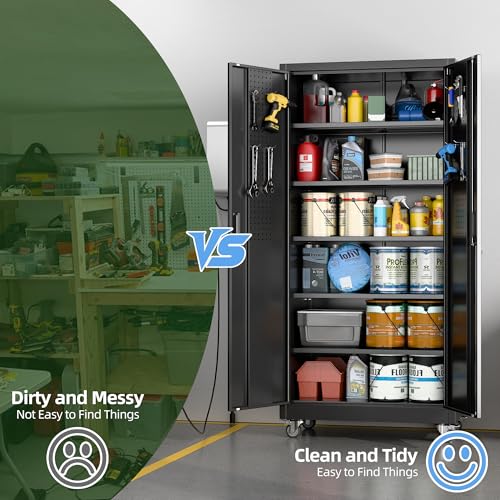 Aobabo Black Metal Garage Storage Cabinet with Wheels, 34"W x 18"D x 71"H - color: Black, size: 18"D x 34"W x 71"H