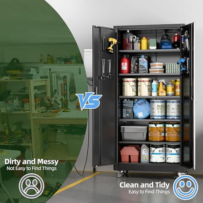 Aobabo Black Metal Garage Storage Cabinet with Wheels, 34"W x 18"D x 71"H - color: Black, size: 18"D x 34"W x 71"H