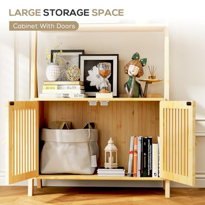 Bookshelf with Drawers, 4-Tier Bamboo Bookcase Ladder Shelf with 6 Hooks - color: 4-tier Natural