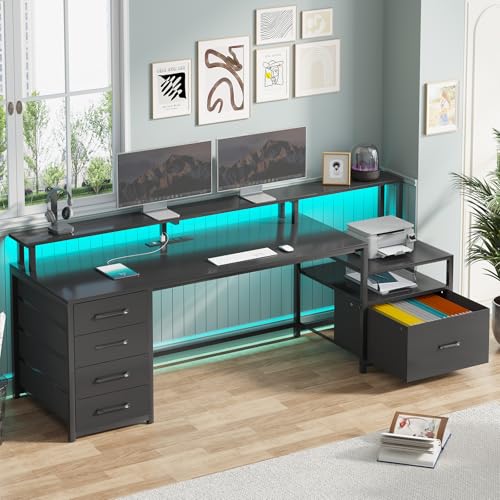 SEDETA Computer Desk with 5 Drawer, Power Outlet, Led Lights, Black - color: Black With Led Lights, size: 67X18.5inch