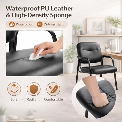 Office Reception Guest Chairs, Ergonomic Leather, Set of 8 | Waiting rooms, conference spaces, clinics, padded armrests, metal frame, no wheels, adults, home office, easy assembly - color: Inky, size: Set of 8