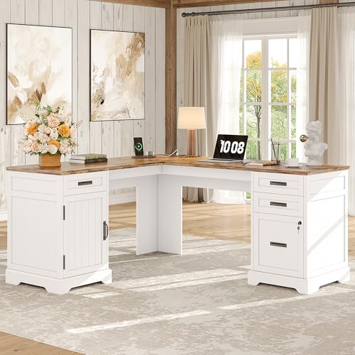 Whalefall 67'' Farmhouse L-Shaped Desk with Drawers for Home Office, White | Computer Corner Desk with File Cabinet and Charging Station, Large Executive L Desk with Locking Drawers Storage - color: White, size: 67''