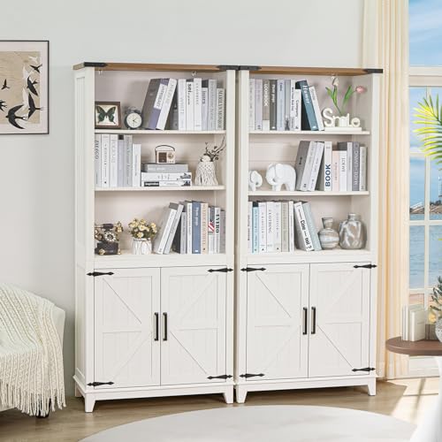Joaxswe 5 Tier Bookshelf 70in Tall Bookcase with Barn Doors and Storage Cabinet, White Farmhouse Book Shelf with Adjustable Shelves, Wood Freestanding Display Bookshelves for Bedroom, Kitchen (2PCS) - color: White, size: 2 Piece