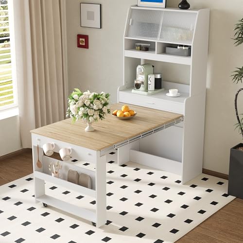Buffet Cabinet with Hutch, Foldable Dining Table, Natural | MDF, farmhouse natural finish, foldable dining table, hutch storage, glass doors, side hooks, 33.5 W x 15.7 D x 69 H in - color: Natural + Mdf + Farmhouse