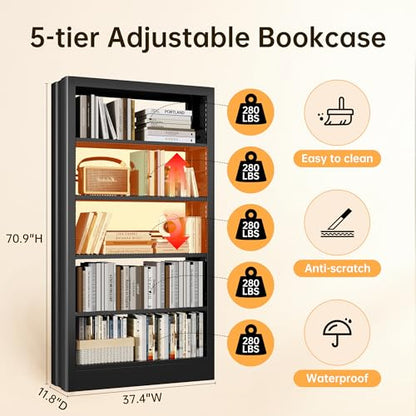 5-Tier Bookcase with Adjustable Storage Shelves, Heavy Duty Bookcase, Metal Bookshelf with Book Stopper, Black Bookcase Shelf for Library, Office, Living Room - color: Black