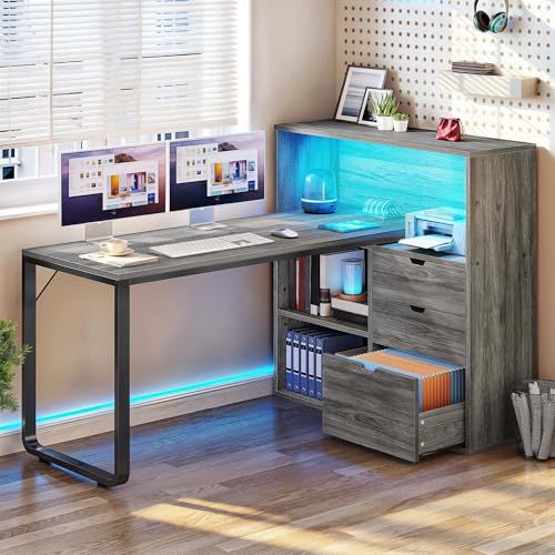YITAHOME Grey L Desk, 55.1-Inch Top, Hanging-File Drawer - color: Grey