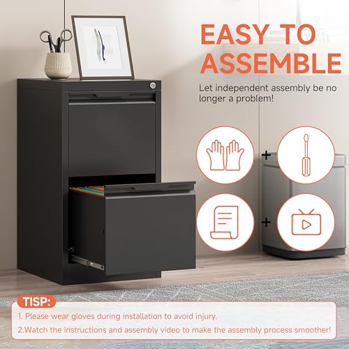 2 Drawer File Cabinet with Lock,Black Metal Filing Cabinets,Steel Vertical Fit Hanging Files, Letter,File Box and A4 Documents-Assembly Require - color: Black, size: Vertical 2 Drawer