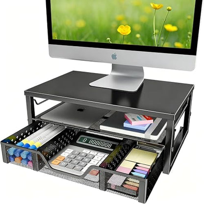 Simple Trending 2-Tier Monitor Stand Riser, Laptop & Printer Stand, Black | Metal Desk Organizer with Drawer, Desktop Organizer, Sturdy Material, for Home Office, 16.34"W x 10.35"D x 3.5"H - size: 16.34"W x 10.35"D x 3.5"H