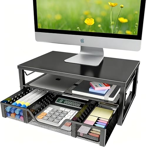 Simple Trending 2-Tier Monitor Stand Riser, Laptop & Printer Stand, Black | Metal Desk Organizer with Drawer, Desktop Organizer, Sturdy Material, for Home Office, 16.34"W x 10.35"D x 3.5"H - size: 16.34"W x 10.35"D x 3.5"H