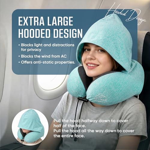 SkytraxComf® Travel Neck Pillow with Hood for Privacy on Long Flights | Memory Foam | Airplane Sleep | Safety-Tested Materials | Extra Large Hood | Chin Support | Earplugs | Washable Cover - color: Mint Blue