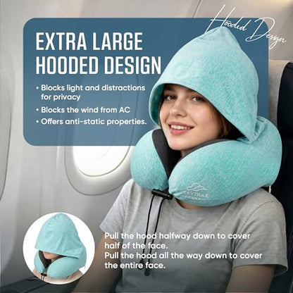 SkytraxComf® Travel Neck Pillow with Hood for Privacy on Long Flights | Memory Foam | Airplane Sleep | Safety-Tested Materials | Extra Large Hood | Chin Support | Earplugs | Washable Cover - color: Mint Blue