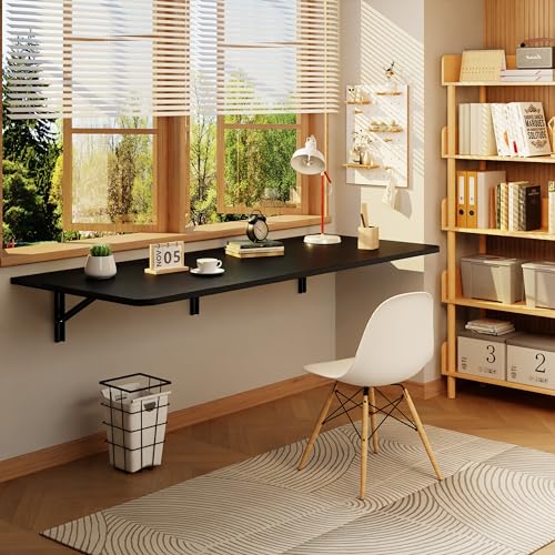 IAE Wall Mounted Folding Desk,Floating Computer Desk for Small Spaces,Black | 55x22in engineered wood desktop with metal brackets, folds flat to save space in home office, apartment and laundry room - color: Black, size: 55"*22"