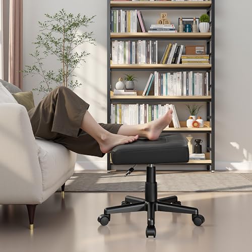 VECELO Under Desk Footrest, PU Ergonomic Foot Rest with Wheels, Comfort Padding, Height Adjustable for Relieving Leg Pain, Stiffness, Black - color: Black