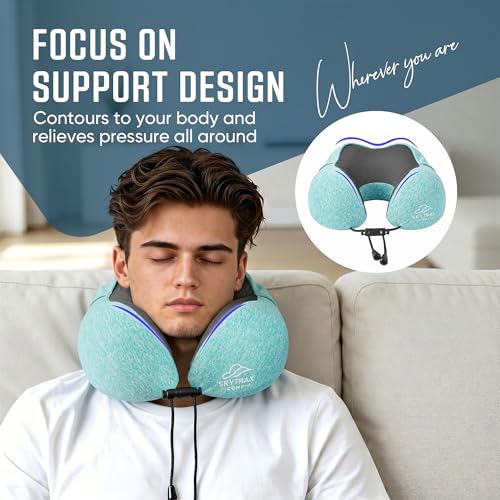 SkytraxComf® Travel Neck Pillow with Hood for Privacy on Long Flights | Memory Foam | Airplane Sleep | Safety-Tested Materials | Extra Large Hood | Chin Support | Earplugs | Washable Cover - color: Mint Blue