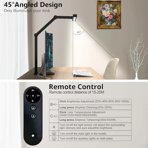 Micomlan Architect Desk Lamp with Remote Control, Adjustable Led Desk Light for Home Office with Base, 24W Bright Auto Dimming Table Light Rotatable Office Lamp with Swing Arm for Computer Cafting - color: Dark Black