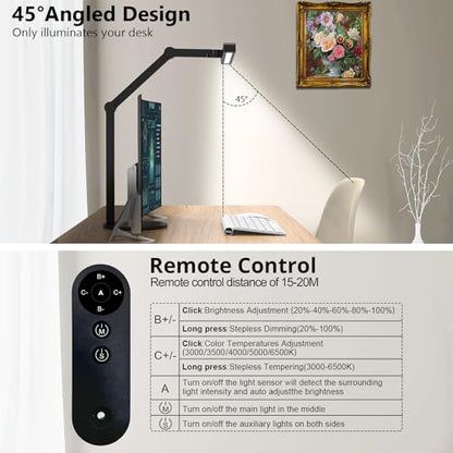 Micomlan Architect Desk Lamp with Remote Control, Adjustable Led Desk Light for Home Office with Base, 24W Bright Auto Dimming Table Light Rotatable Office Lamp with Swing Arm for Computer Cafting - color: Dark Black