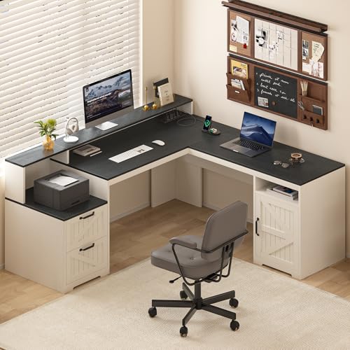 63" Farmhouse L Shaped Desk with Drawers & Printer Shelf for Home Office | Corner Computer Desk with Storage, Power Outlets, L Shaped Office Desk with Monitor Stand, Printer Shelf, Black & White - color: Black and White