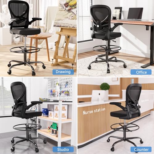 Alolo Drafting Office Chair with Foot Rest,Ergonomic Chair with Footrest for Standing Desk,Adjustable Mesh Lumbar Support Chairs with Flip-up Armrest and Heavy Duty Rolling(Black)