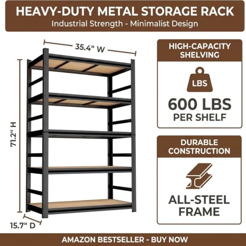 5 Tier Wooden Bookshelf, Heavy Duty Adjustable Tall Bookcase | 3000 LBS Bolt-free Storage Shelves with Deep Bookshelf for living Room, Office and Garage Storage - size: Wooden 35.4"Wx 15.7"Dx 71.2"H