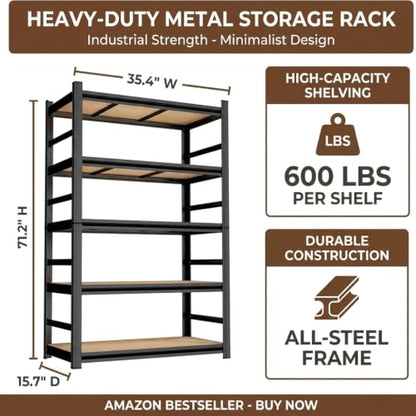 5 Tier Wooden Bookshelf, Heavy Duty Adjustable Tall Bookcase | 3000 LBS Bolt-free Storage Shelves with Deep Bookshelf for living Room, Office and Garage Storage - size: Wooden 35.4"Wx 15.7"Dx 71.2"H