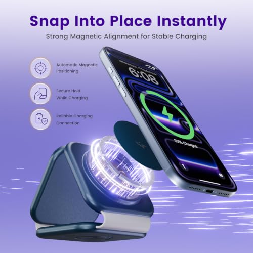 15W Magnetic Travel Charging Station, 3-in-1 Foldable MagSafe Charger - color: Navy Blue