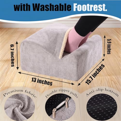 Under Desk Foot Rest with Warm Feet Pocket – Ergonomic Office Footstool, Memory Foam, Washable Cover, Non-Slip Bottom, for Heel & Leg Support, Back Pain Relief (Grey+)