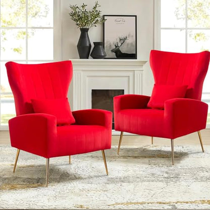 Velvet Accent Arm Chair, Mid-Century Modern Living Room Chair, Wingback Bedroom Side Chair with Gold Legs & Pillow, Button-Tufted, Red - color: Red, size: 2PCS with Channel Tufted