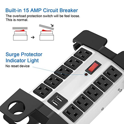 CCCEI Heavy Duty Power Strip with USB Ports, 10 Outlets. Grey, 10FT. - color: Grey, size: 10ft